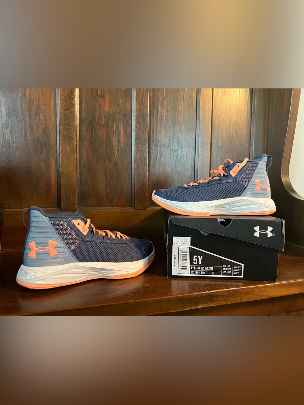 Under Armour Navy and Peach Youth Basketball Shoes